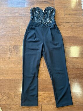 Express Black Strapless Lace Bustier Jumpsuit